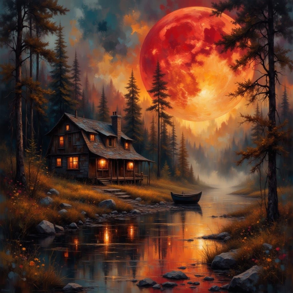 Whimsical Grunge Fantasy Landscape with Glowing Moon