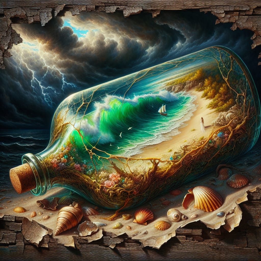 Vintage Bottle with Sunny Beach Panorama, Oil Painting