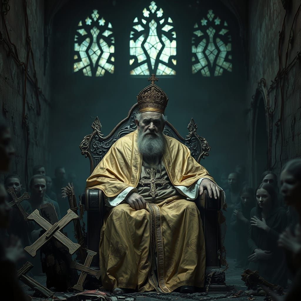Surreal Pope in Throne of Broken Crosses, Haunting Symbol of...