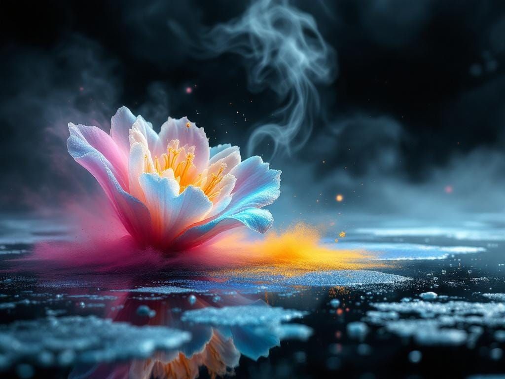 Surreal Flower Dissolving into Aerogel on Black Ice