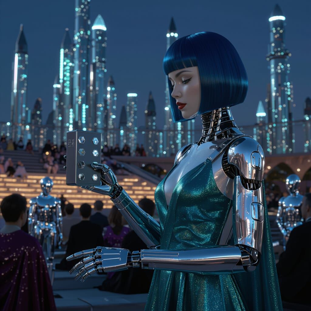 Android Musician in Alien City at Night