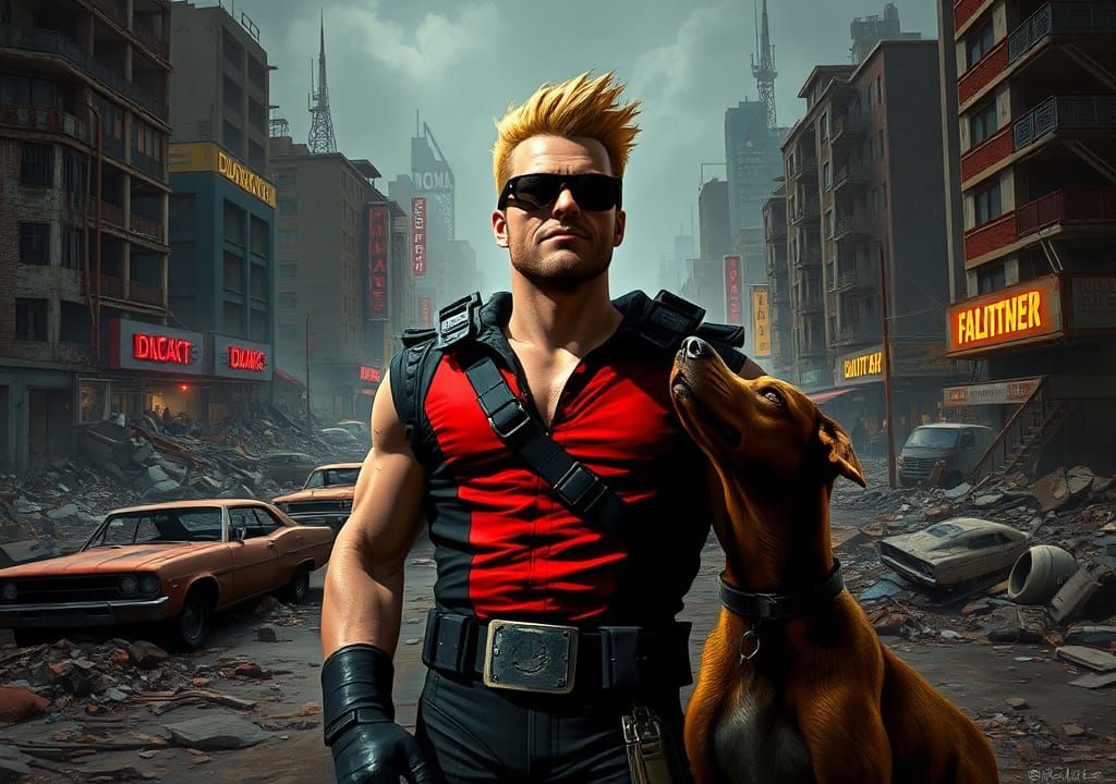 Duke Nukem and Dogmeat in Fallout Wasteland