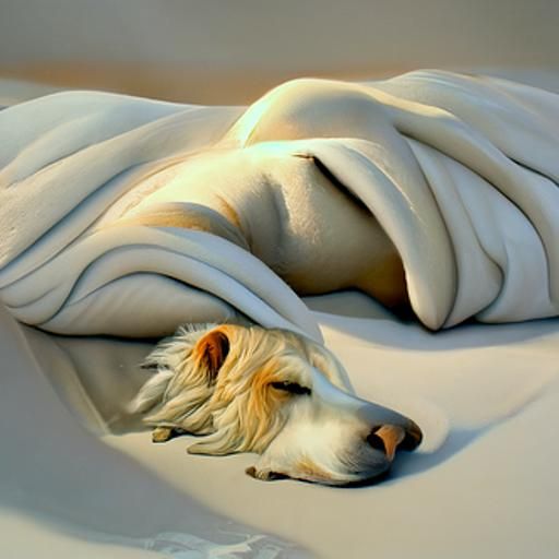 Hyperrealistic Sleeping White Dog in Bed