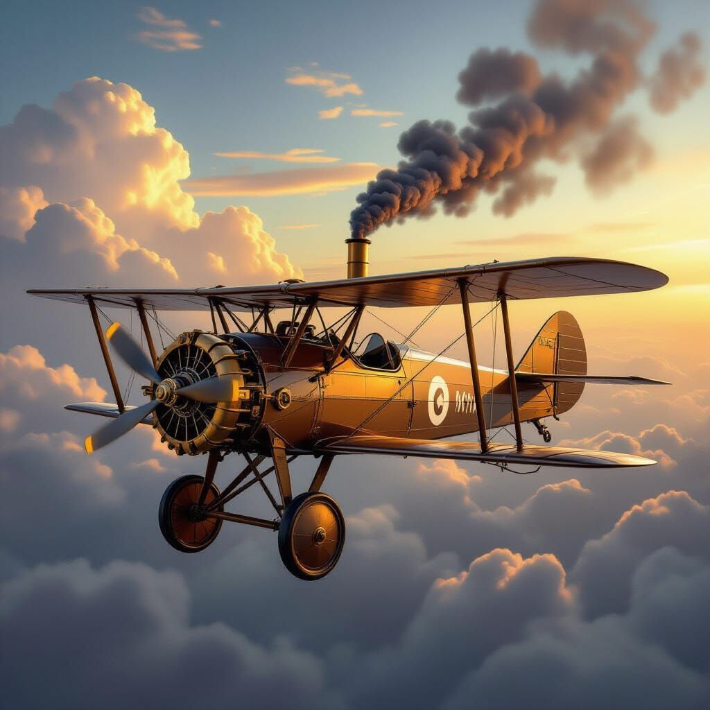 Steampunk Biplane Soars in Dramatic Sky