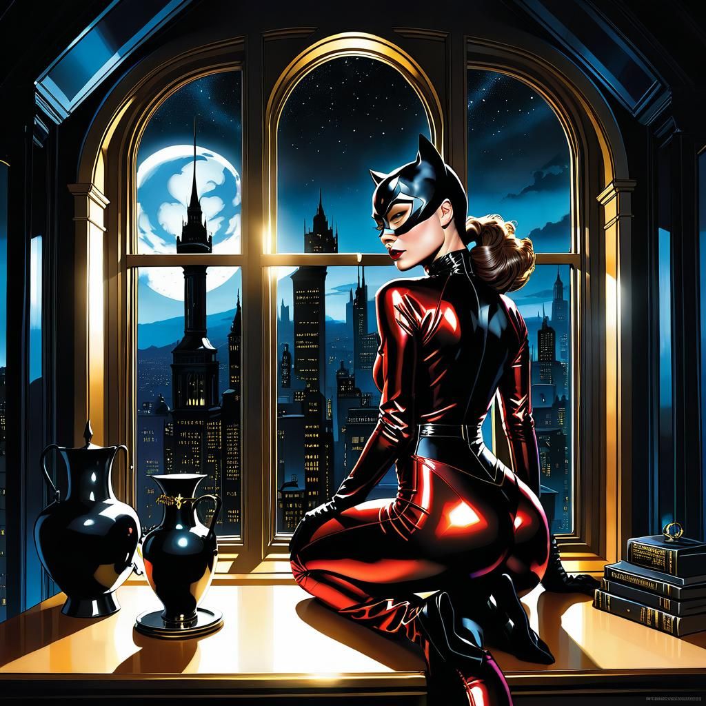 Catwoman in Black Jumpsuit at Window, Graphic Novel Style