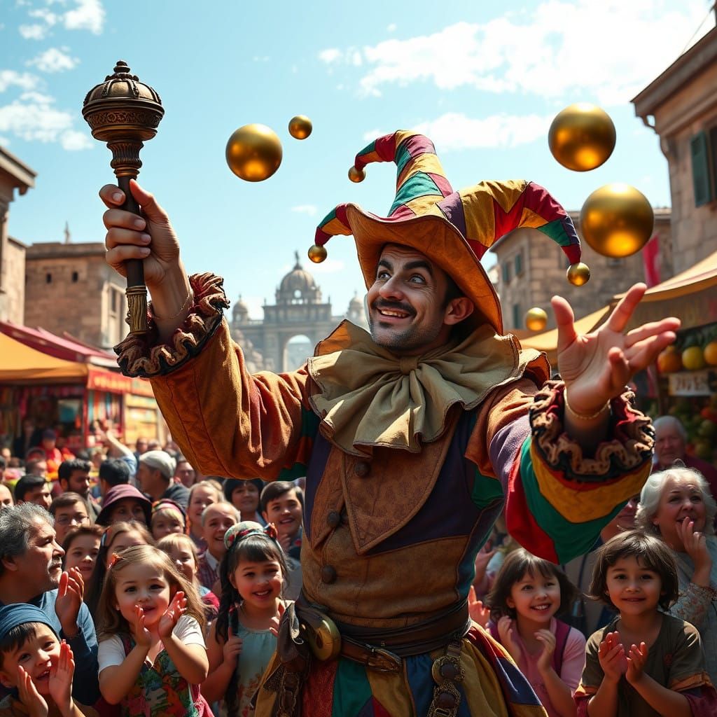 Medieval Jester in Vibrant Market Square