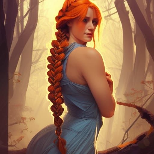 Woman with Fishtail Braid in Forest, Detailed Portrait
