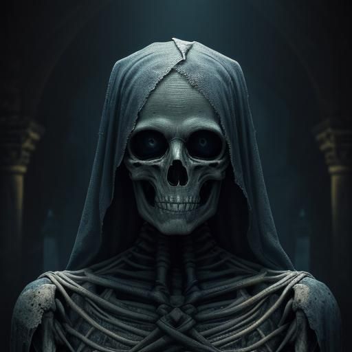Mummy Skeleton in Dark Gothic Tomb