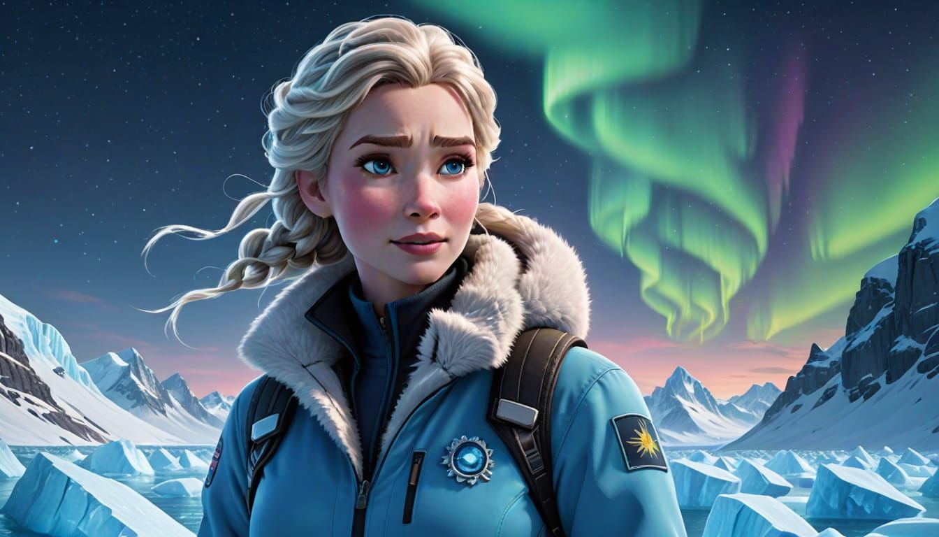 Elsa from Frozen as an environmental scientist in Antarctica