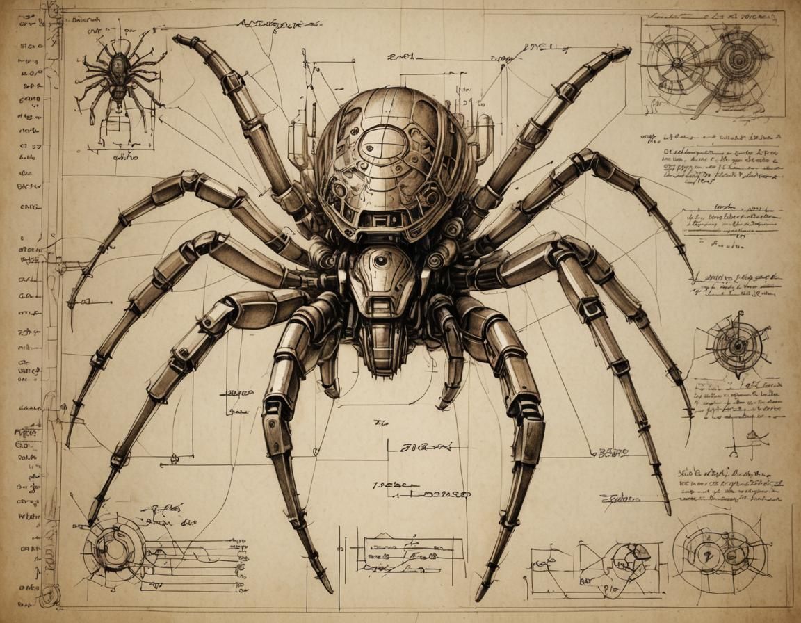 Mecha-Spider Exploded Diagram in Sepia Tones