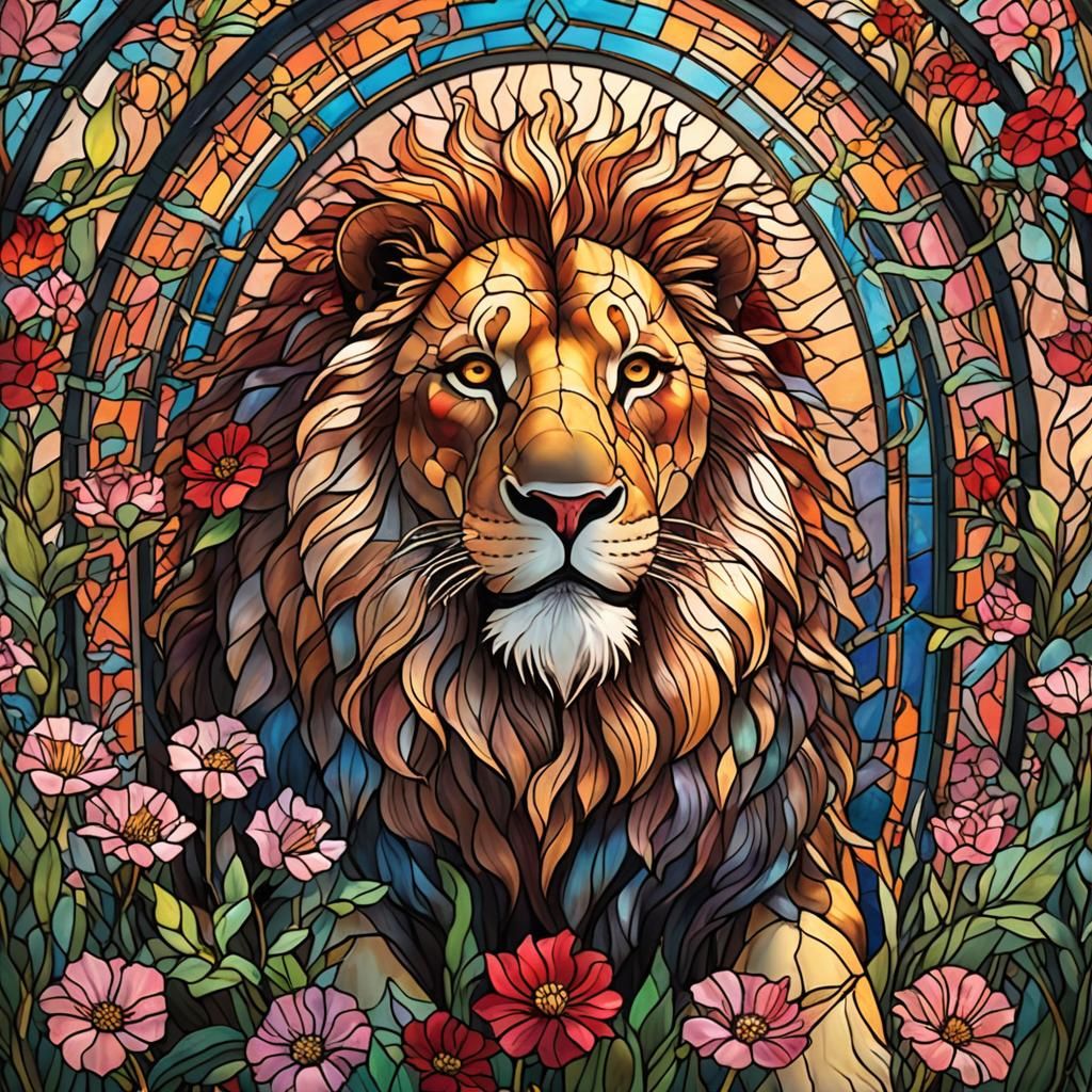 Stained Glass Lion with Flowers, Art Nouveau Style