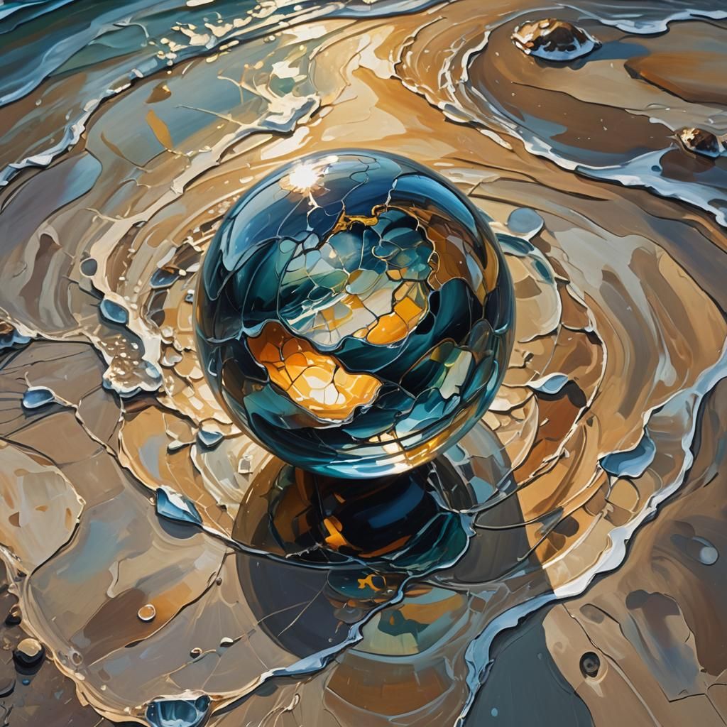 Surreal Glass Ball Shatters on Rocky Shoreline
