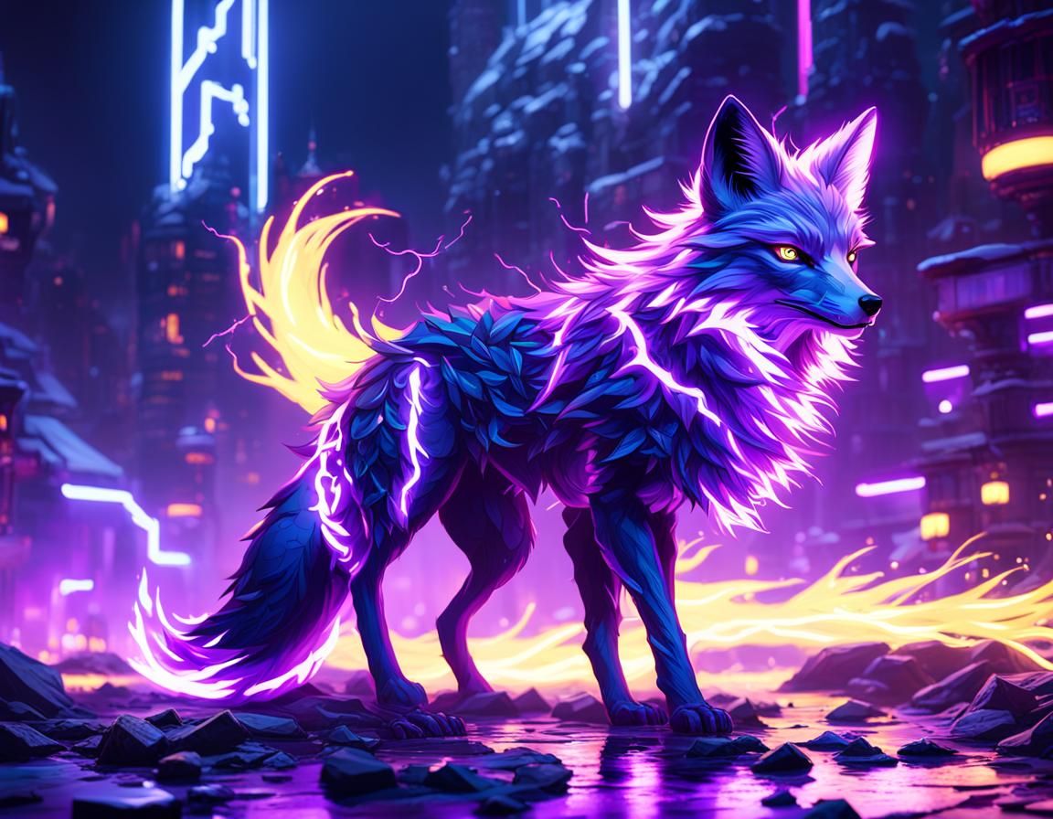Neon Fox Ablaze with Lightning, Dark Fantasy Art