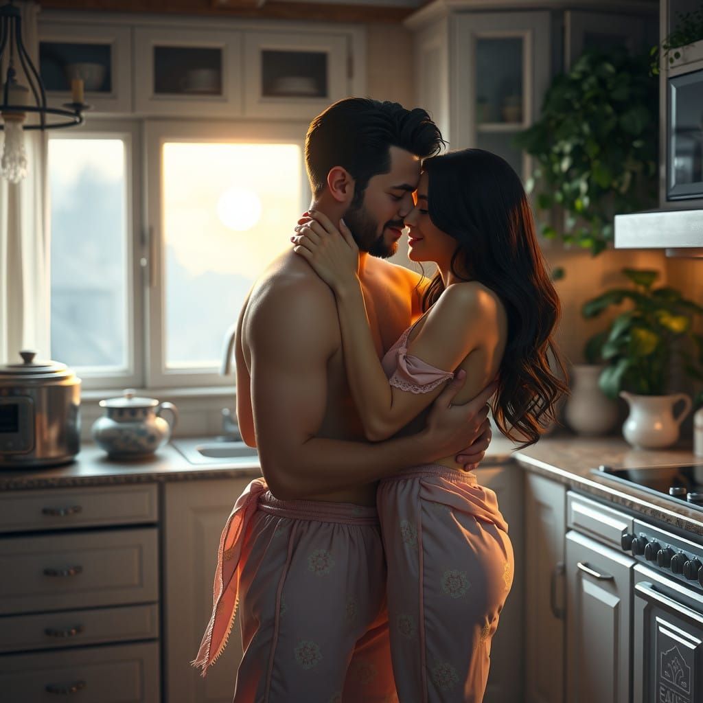Moonlit Intimacy in a Serene Kitchen Scene