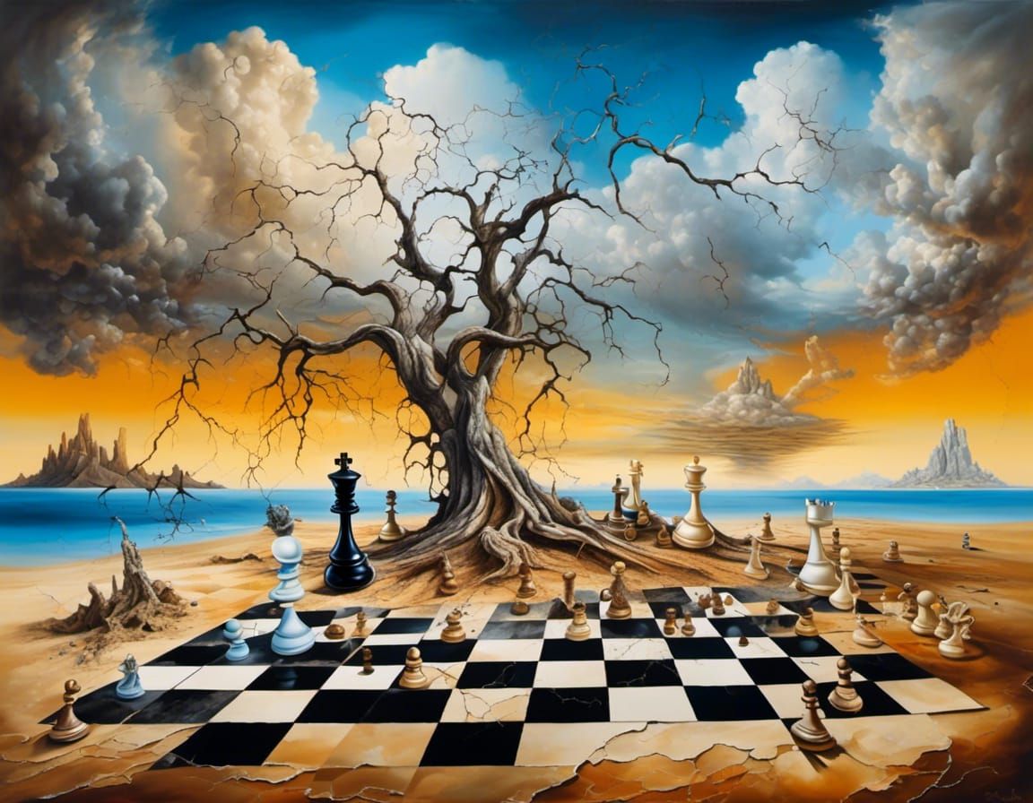 Surreal Desert Landscape with Chess in Oil Paint