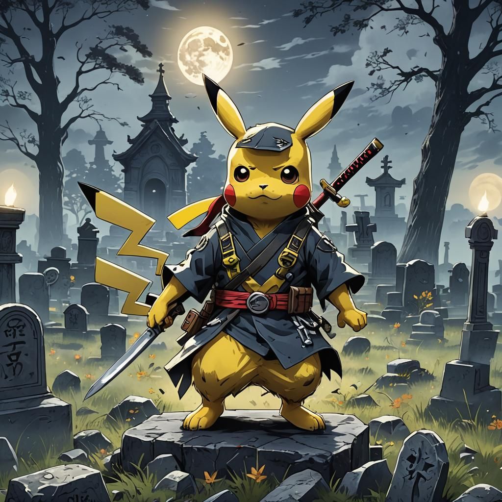 Ninja Pikachu with Katanas in Manga Style