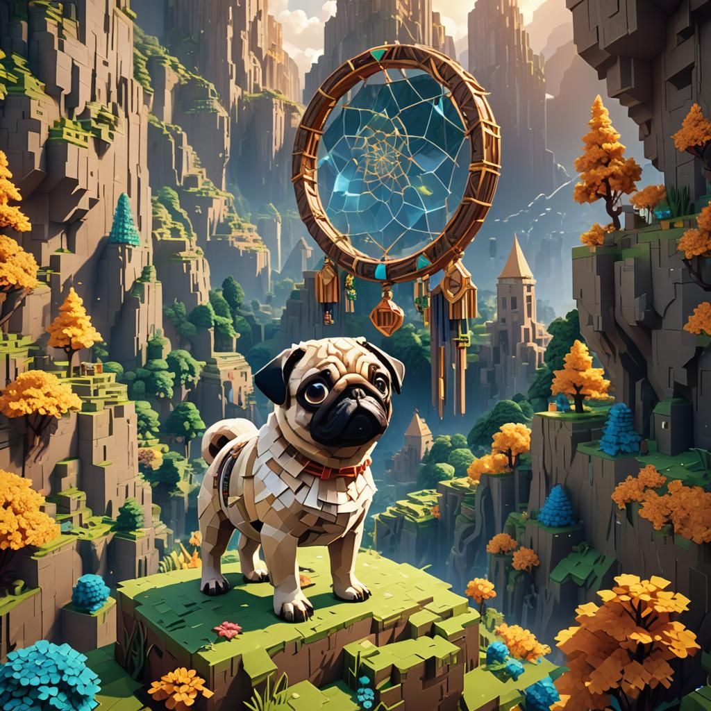 Heroic Pug in Minecraft-Inspired Crystalline Valley