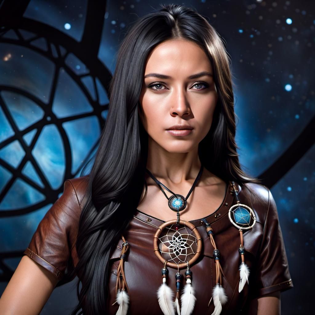 Native american woman, sweet face, dream catcher necklace, long flowing black hair, leather shirts, a starfleet logo on ...