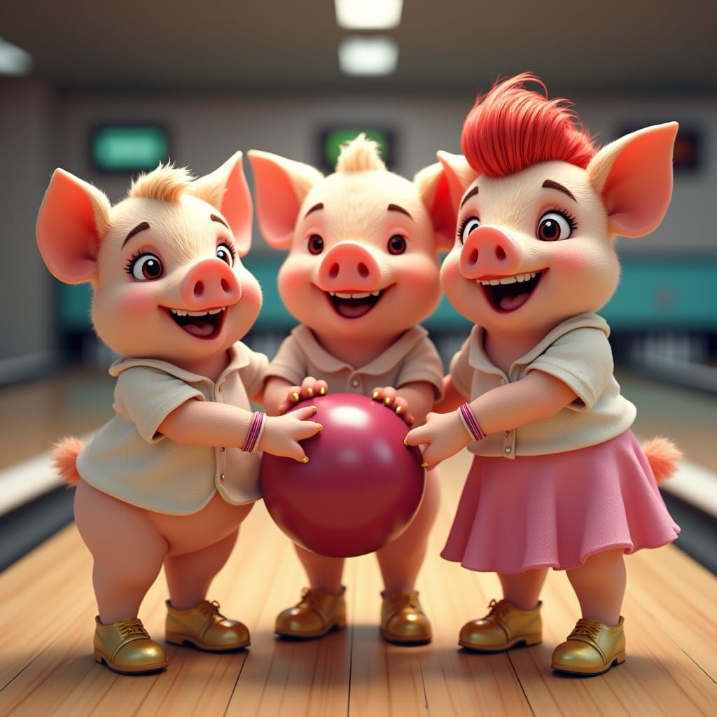 Pigs Carousing in a Bowling Alley, Anime-Inspired 3D Art