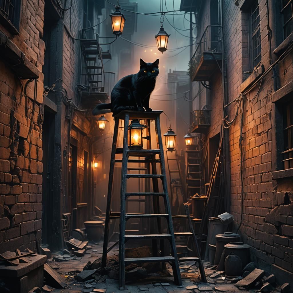 Mysterious Black Cat in Abandoned Alleyway