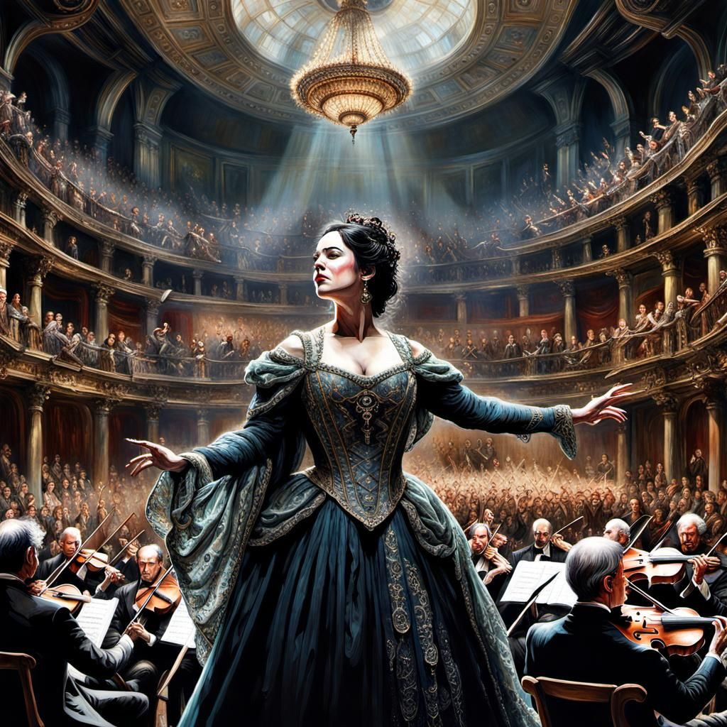 Opera singer on stage with an orchestra in the background