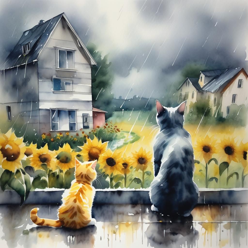 Kitten Gazing at Rainy House in Watercolor Style