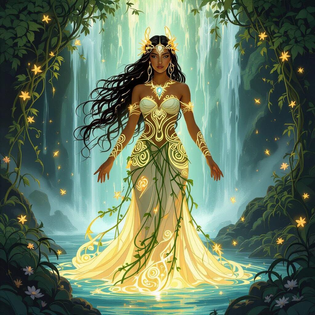 Bioluminescent Maori Goddess in Art Nouveau Style