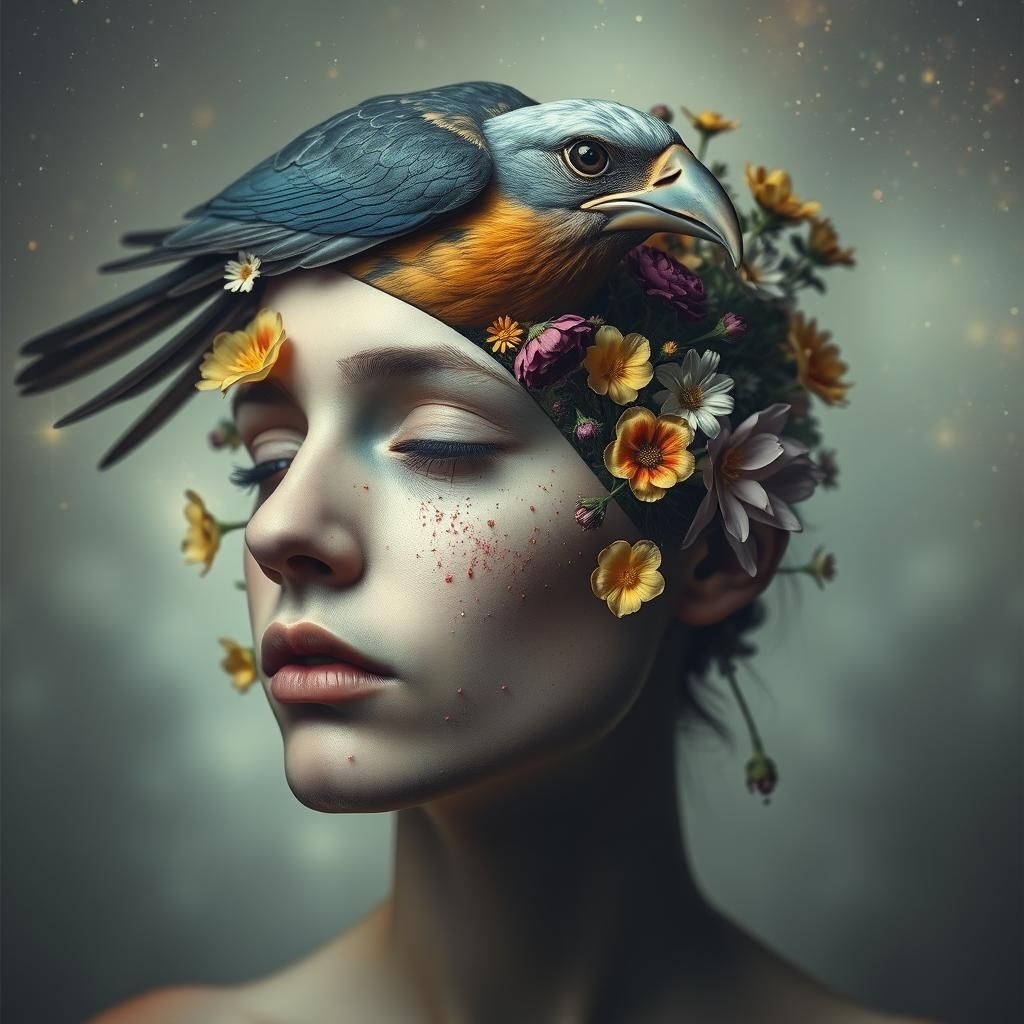 Surreal Cosmic Portrait: Bird Head with Flowers