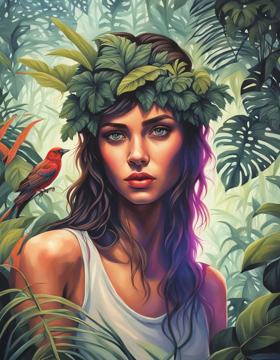 Brunette in Jungle Portrait, Hyperrealistic Style