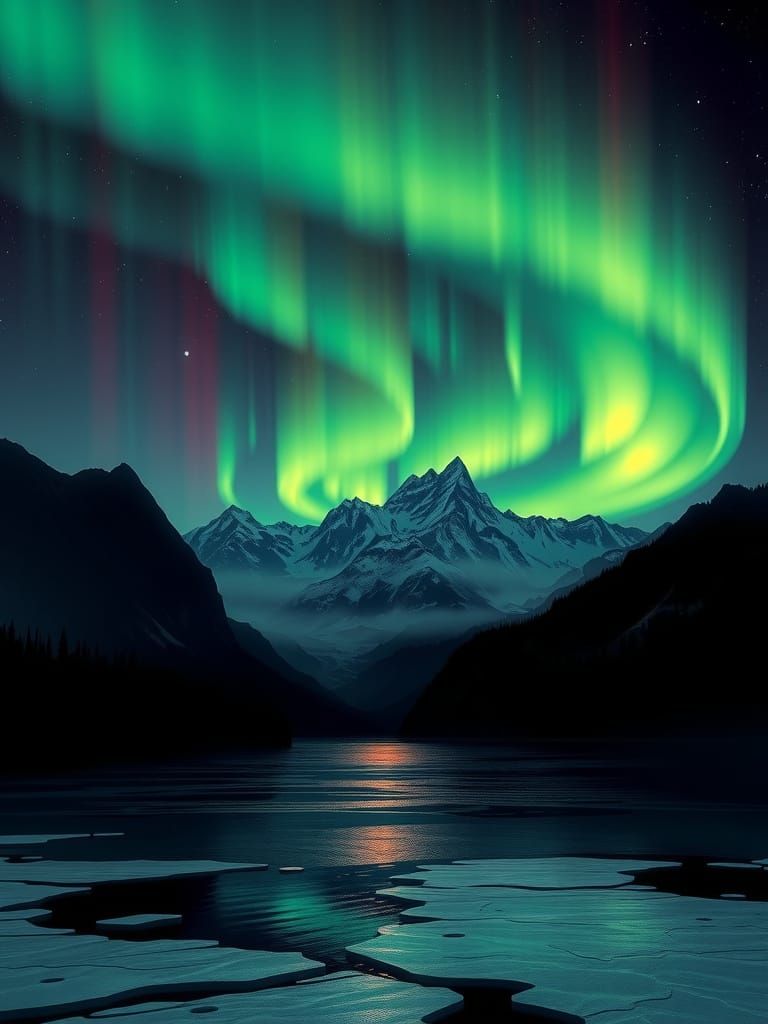Surreal Northern Lights Dance Across Layered Mountains