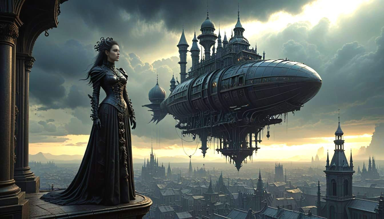 Steampunk Lady Overlooking Gothic Cityscape