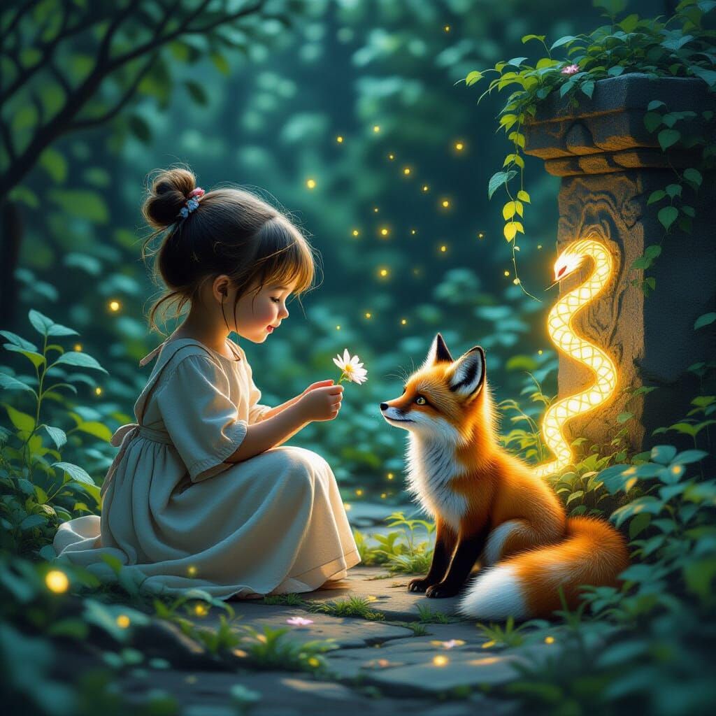 Girl Offers Flower to Nine-Tailed Fox Kit