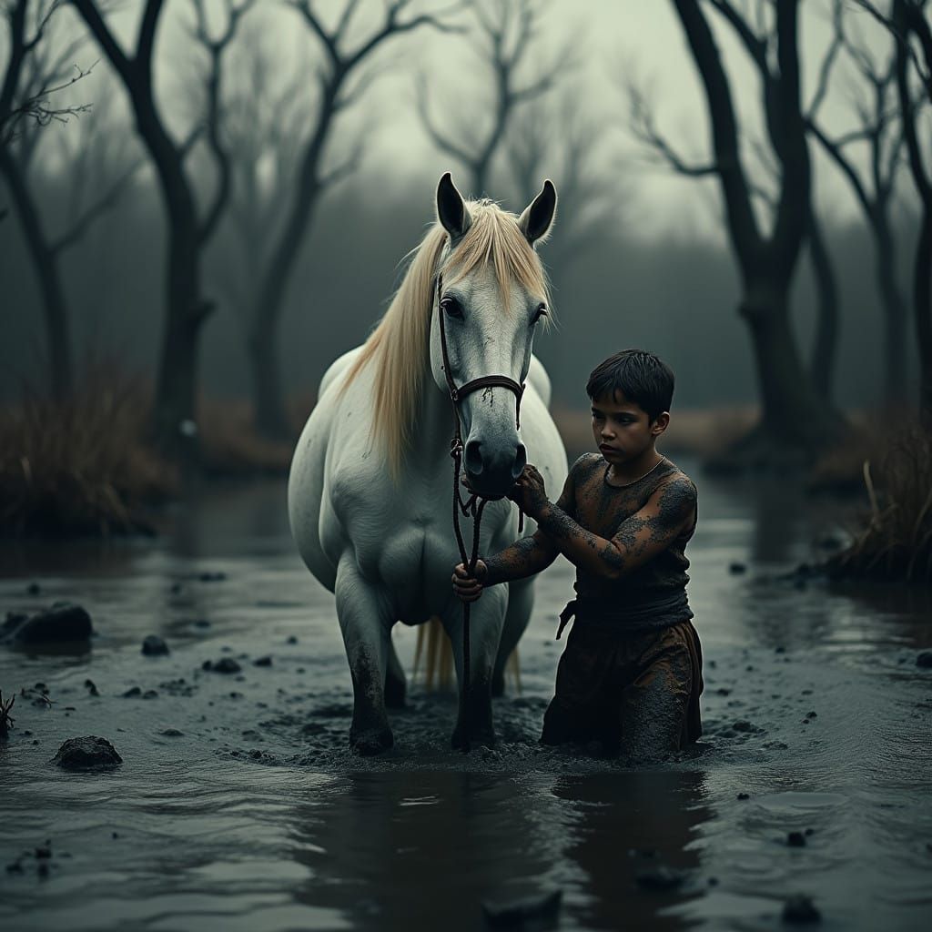 Majestic White Horse Trapped in a Dark, Foreboding Swamp