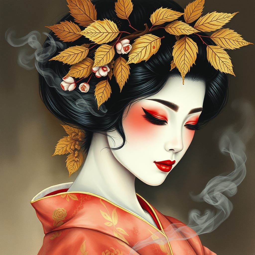 Golden Leaf Geisha in Smoky Gouache Painting