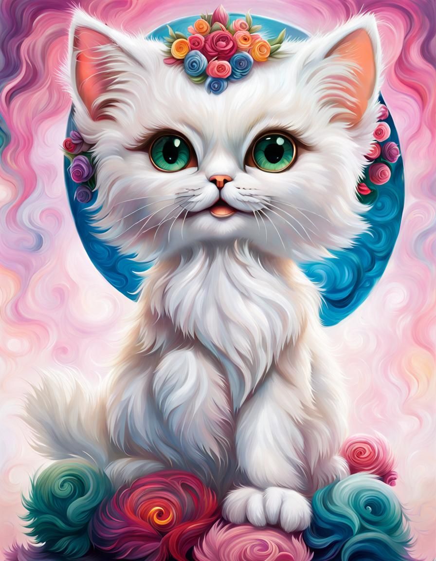 Whimsical White Persian Kitten in Hyper-Realistic Oil Painti...