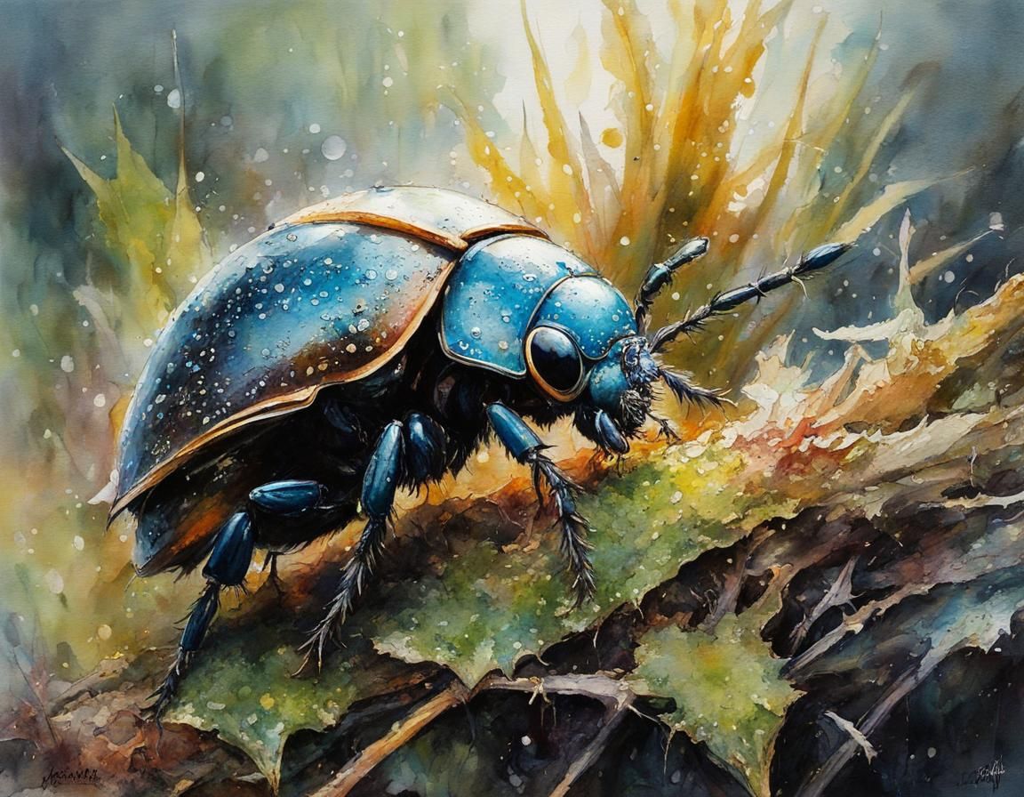 Beetles Drinking Dewdrop: Macro Watercolor Photography