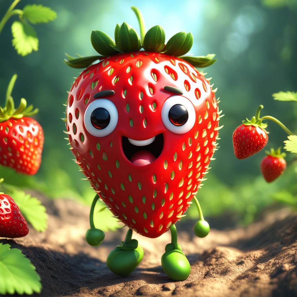 Hyperrealistic Chibi Strawberry in Wilderness, 8K