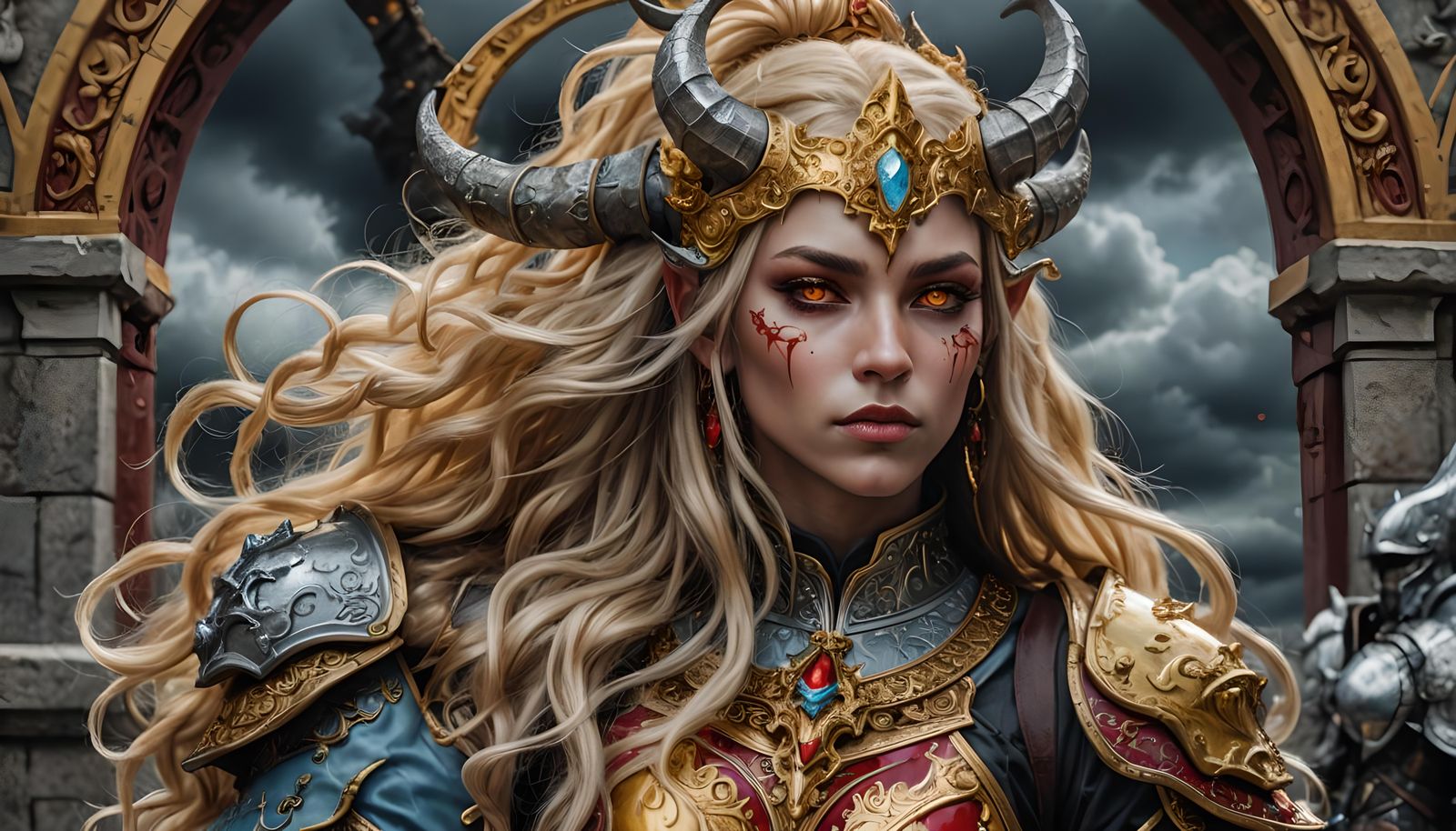 Female Tiefling Cleric with Golden Hair and Elaborate Armor