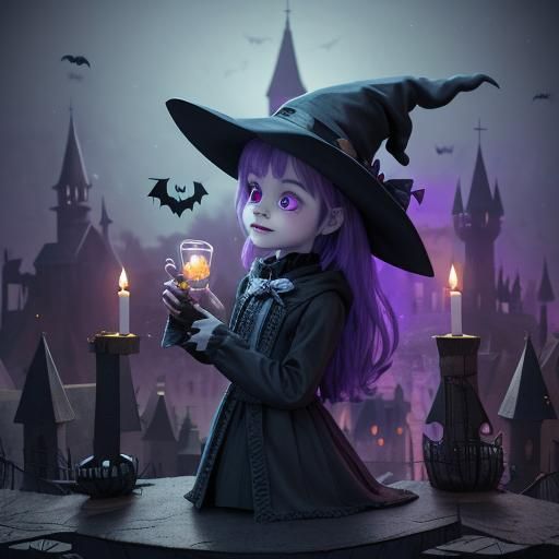 Enchanting Halloween Witch in Magical Town: 3D Digital Art