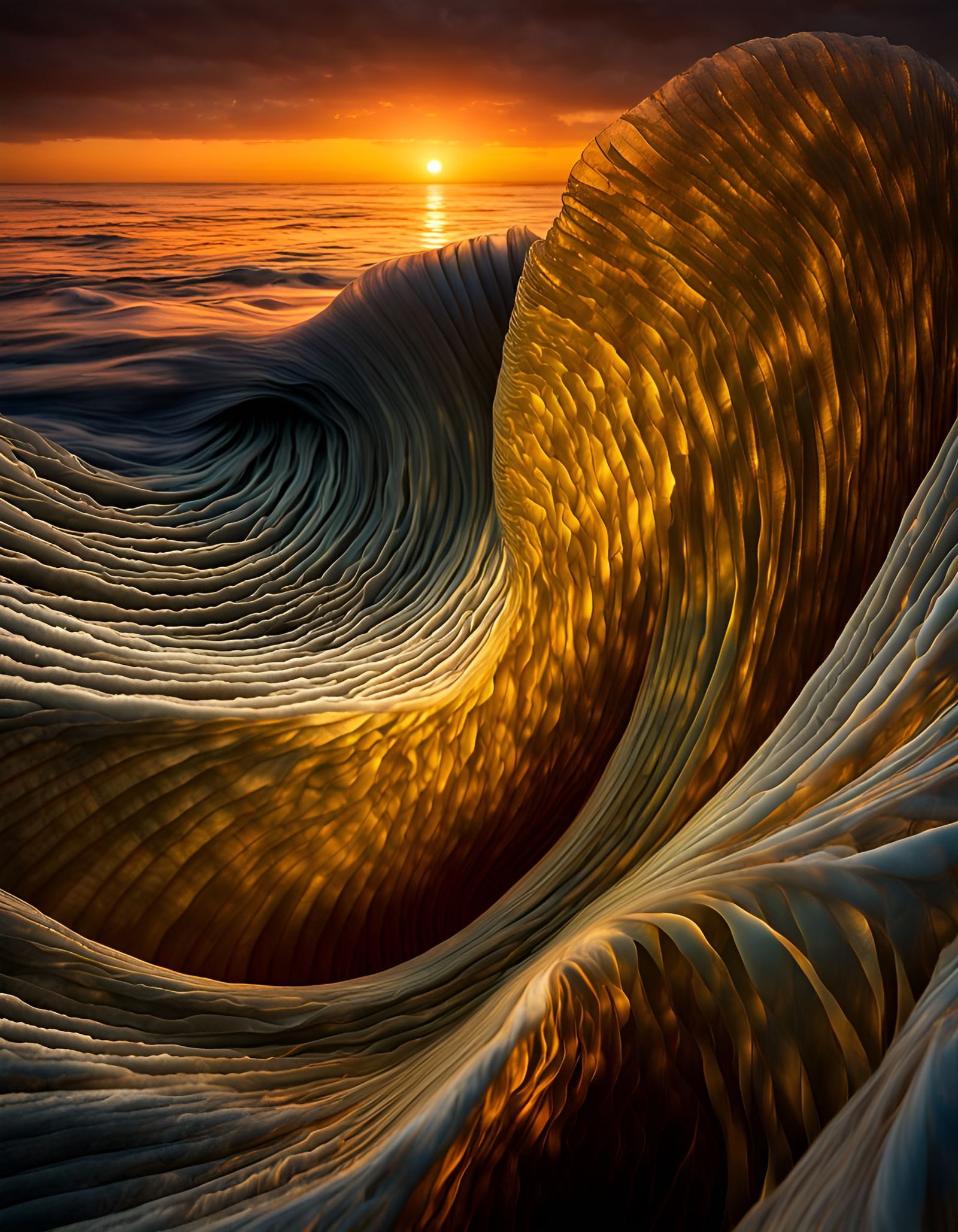 Golden Shell Wave in Liquid Sunset