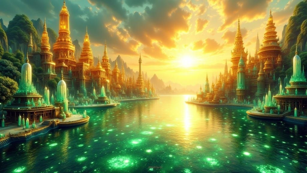 Emerald Crystal City by Golden Lake at Sunset