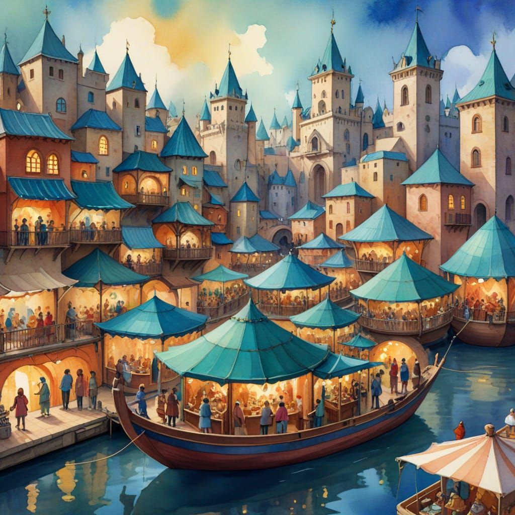 Floating City Bazaar: Whimsical Watercolor Fantasy