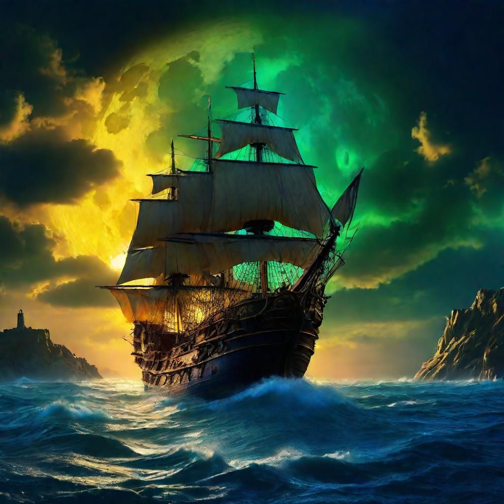 Ship Sails Under Moon in Baroque Romanticism Style
