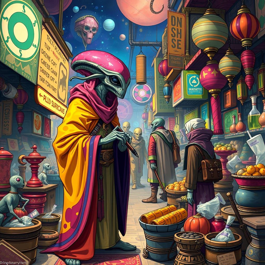 Bustling Alien Marketplace Scene in Sci-Fi Style