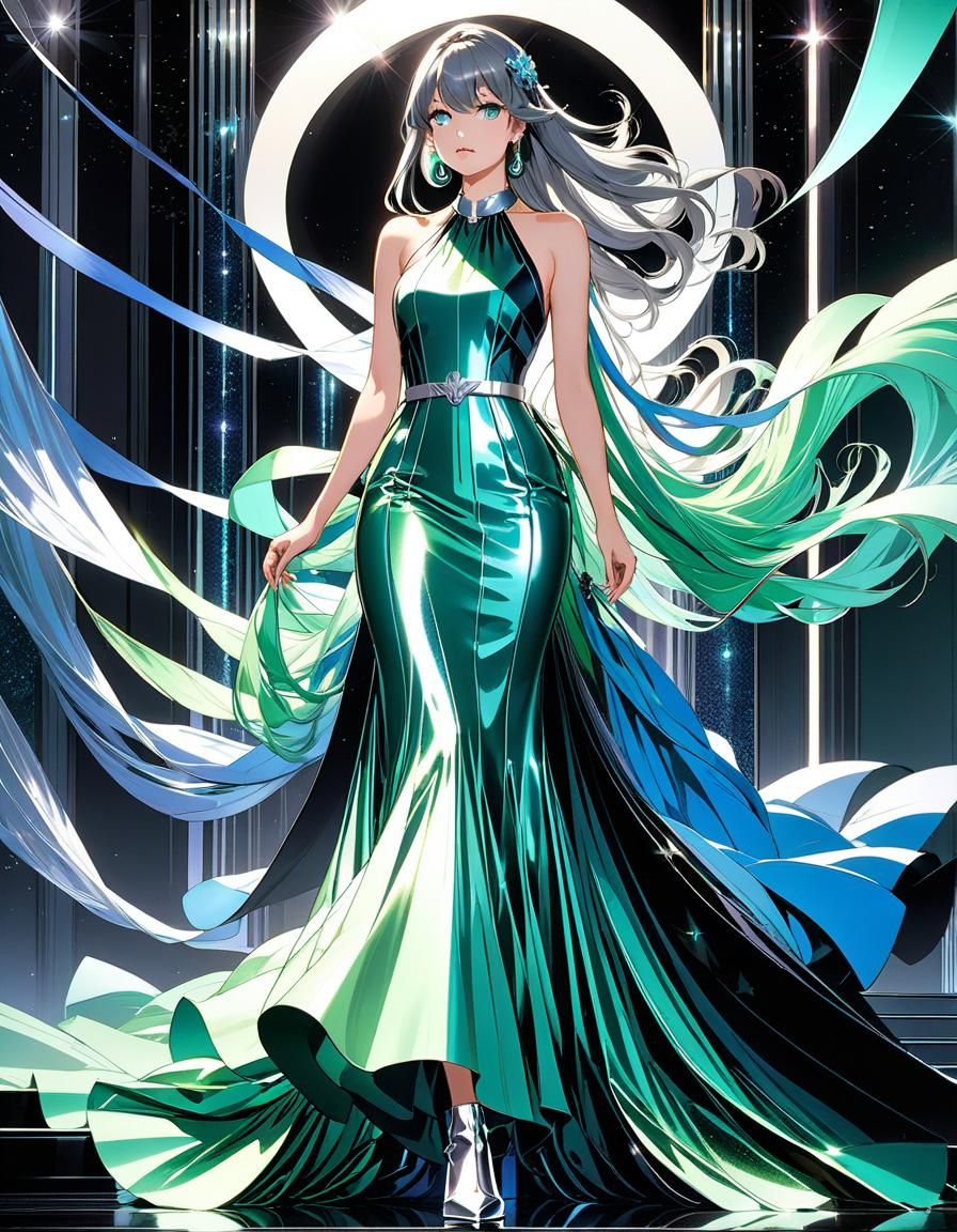 Anime Style Gown Flowing Like Water with Glitter