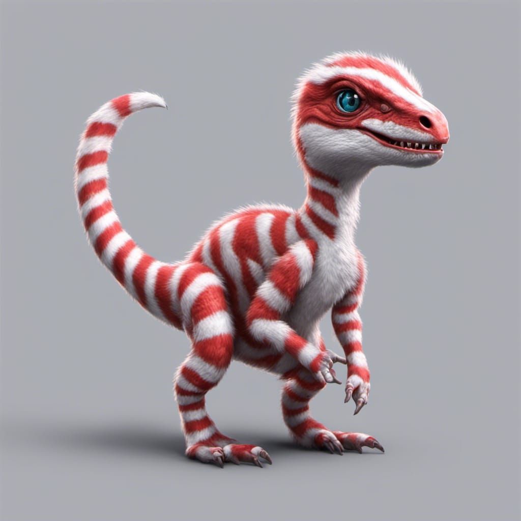Candy Cane Striped Velociraptor in Space, 3D Digital Art