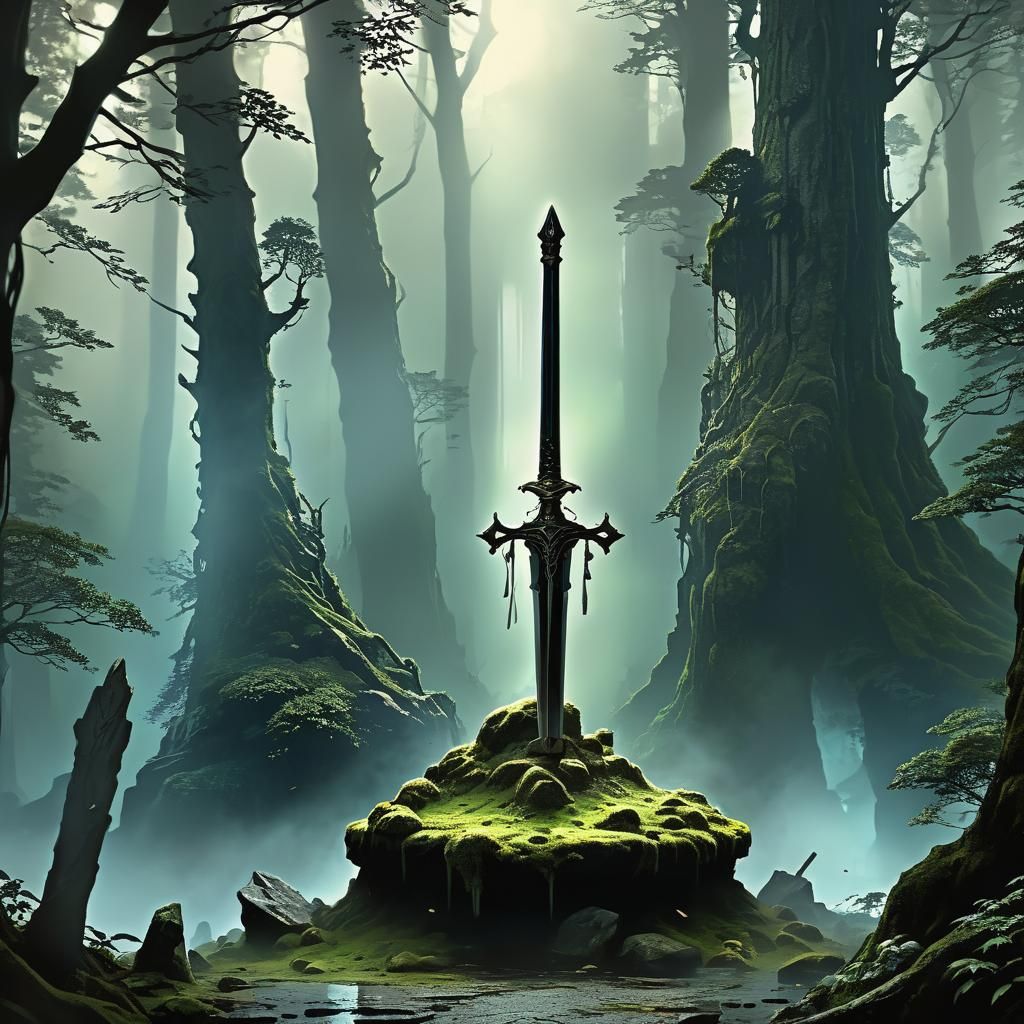 Dark Fantasy Weapons in Misty Forest
