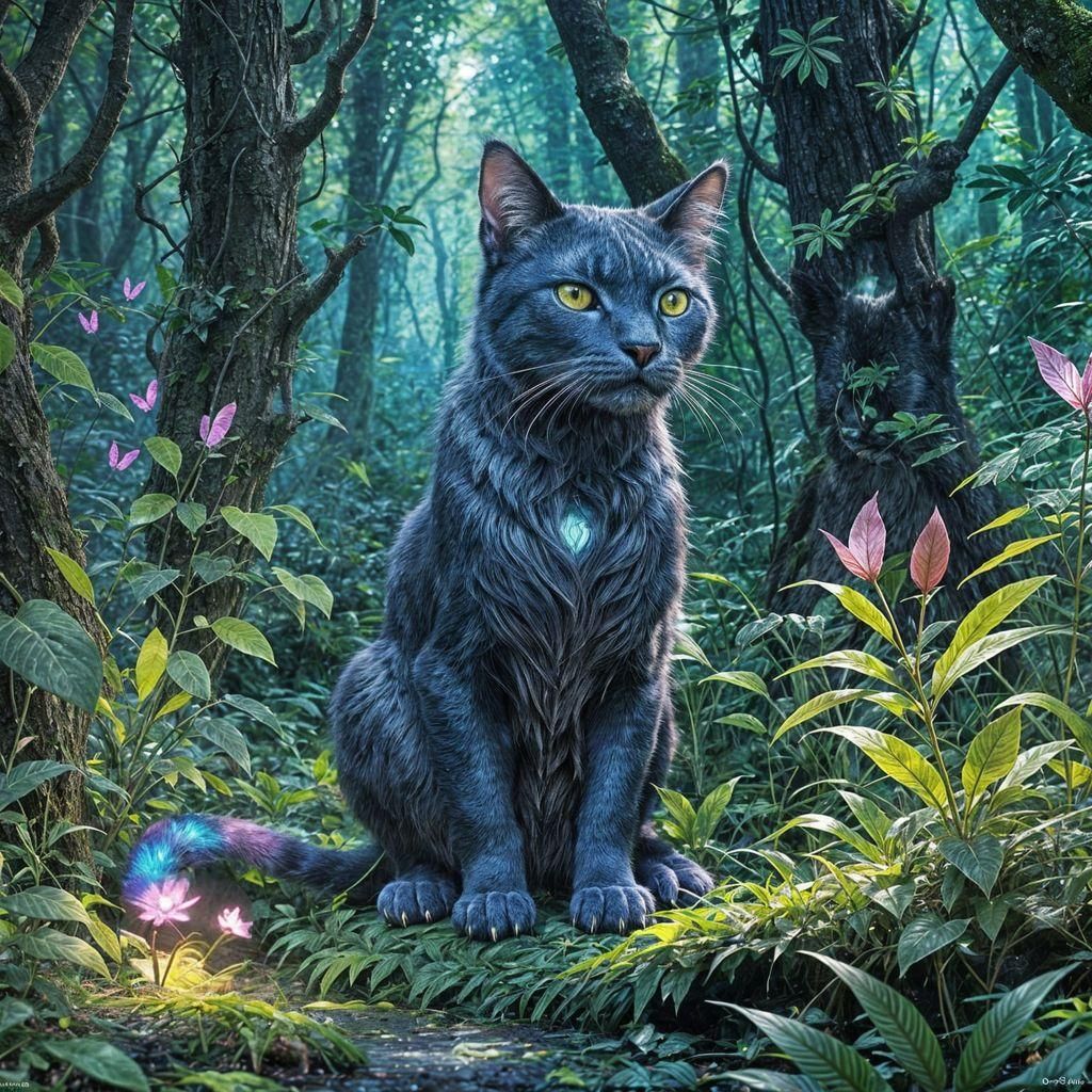 Space Cat Hunting in Bioluminescent Forest