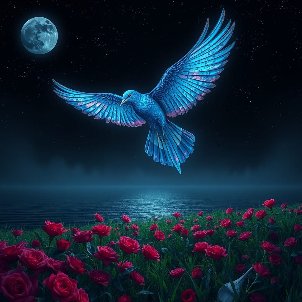 Iridescent Bird in Midnight Sky Digital Painting