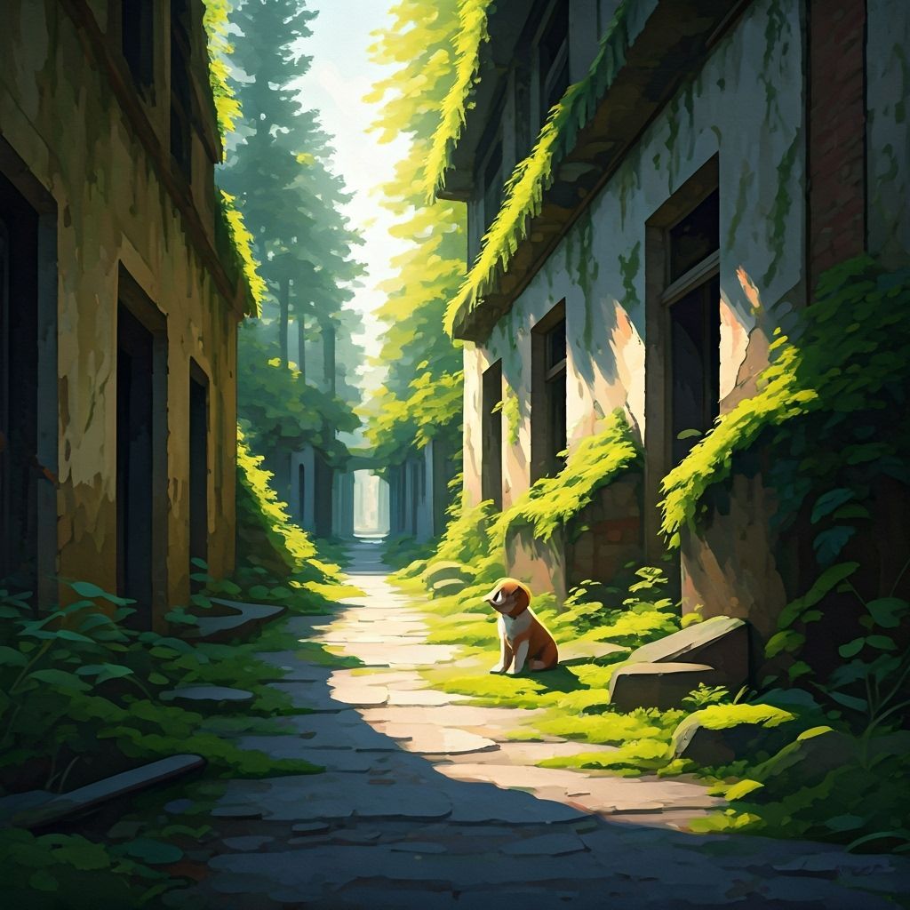 Puppy in Ruined Cityscape as Impressionistic Acrylic Paintin...